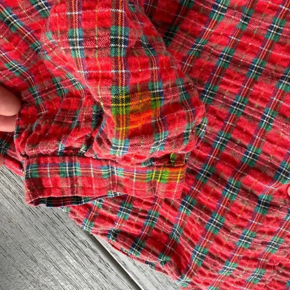 VTG OshKosh B'gosh Toddler Girls Red Plaid Christmas Blouse Embroidered Collar